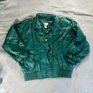 Vintage quilted bomber jacket emerald green 80s 90s cropped nylon L